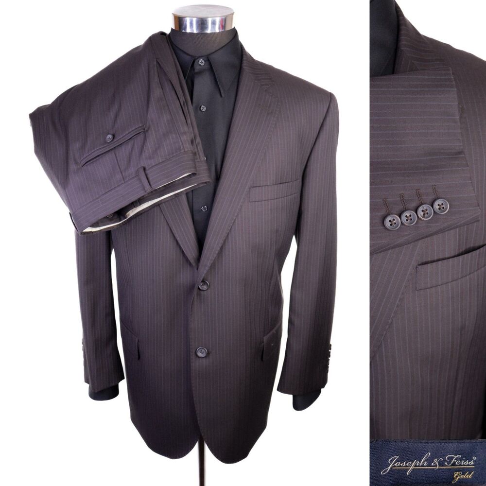 Joseph Feiss 2-Pcs Striped Brown Wool Suit Jacket Blazer Sz 46S Pants 44X28